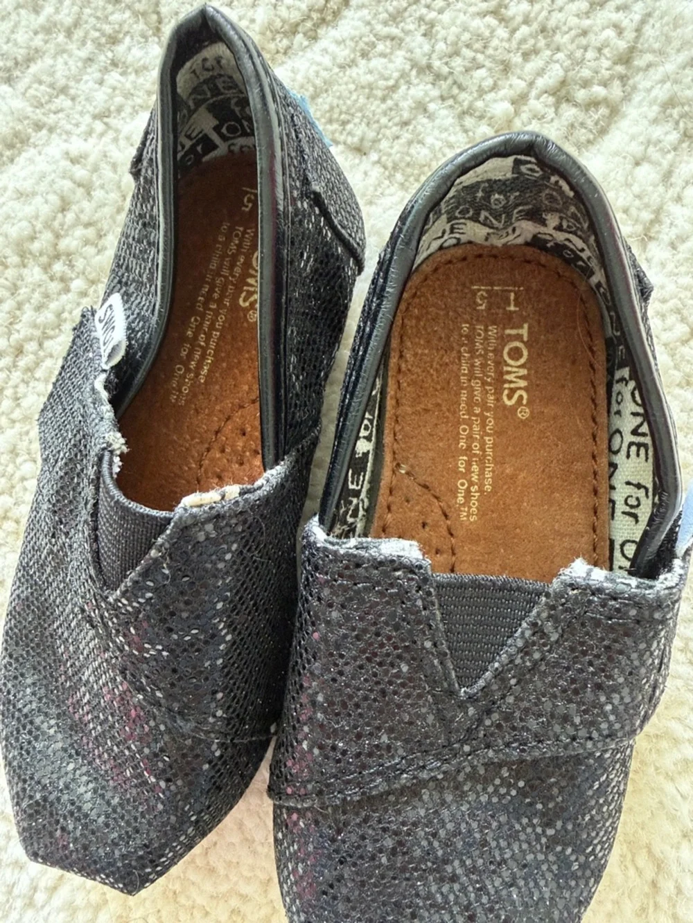Toms Kids Black Glitter Slip-On Moccasins